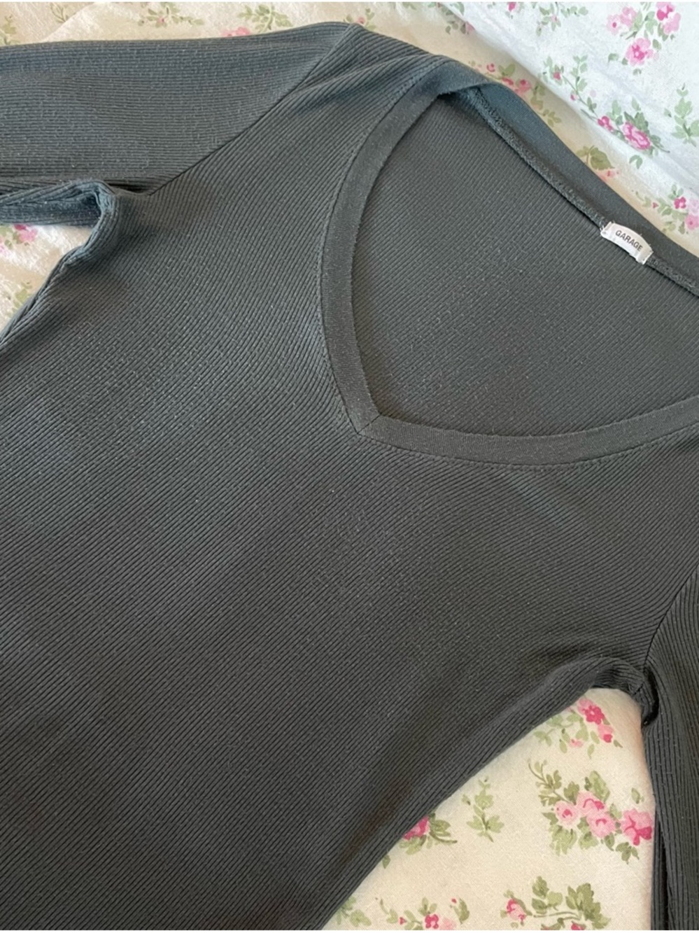 Garage Dark Grey/Charcoal Ribbed V-Neck Long Sleeve Top